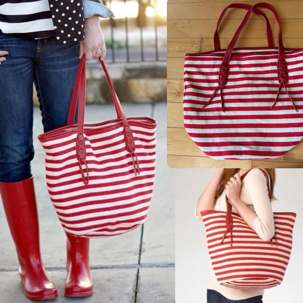 MASSI Red and Cream/Beige Cotton Tote Leather Straps Braid Detail Versatile Bag